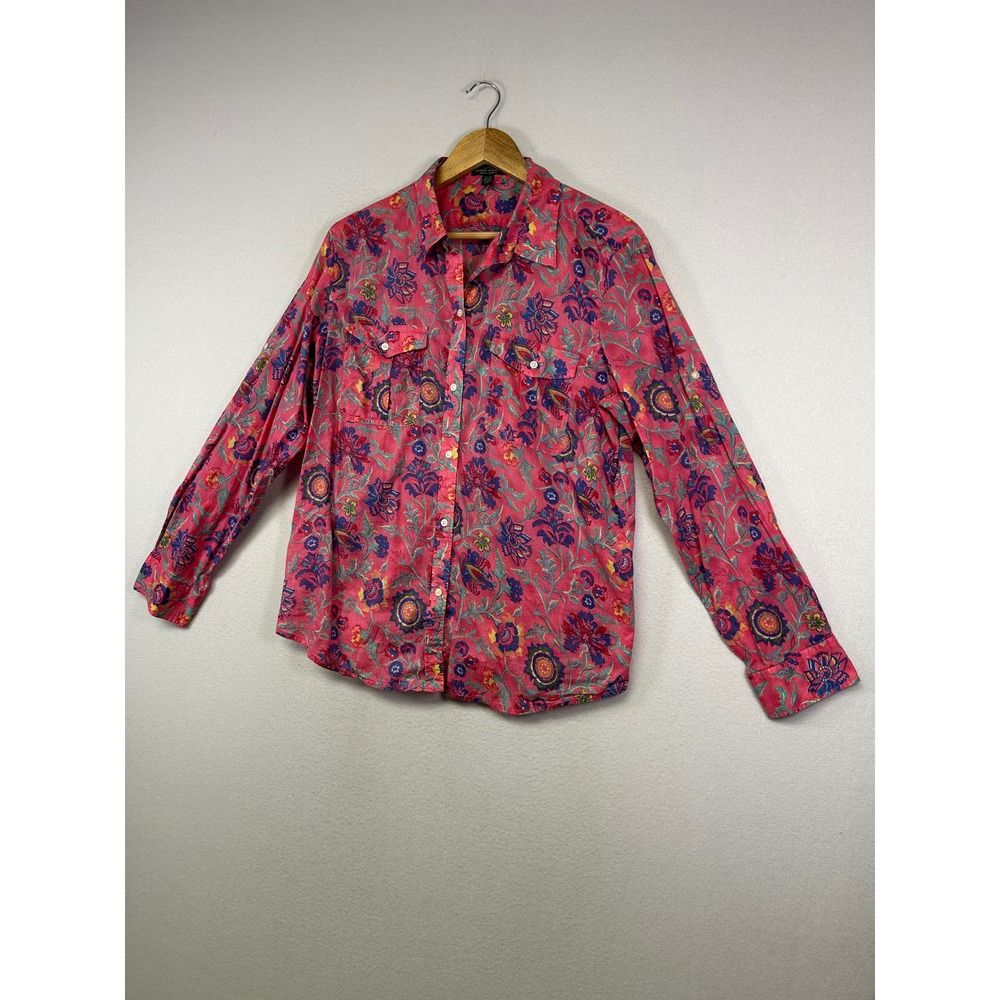 Boho Floral Lauren Ralph Lauren Womens XL Pink Paisley Cotton Button Down Shirt - Picture 9 of 9
